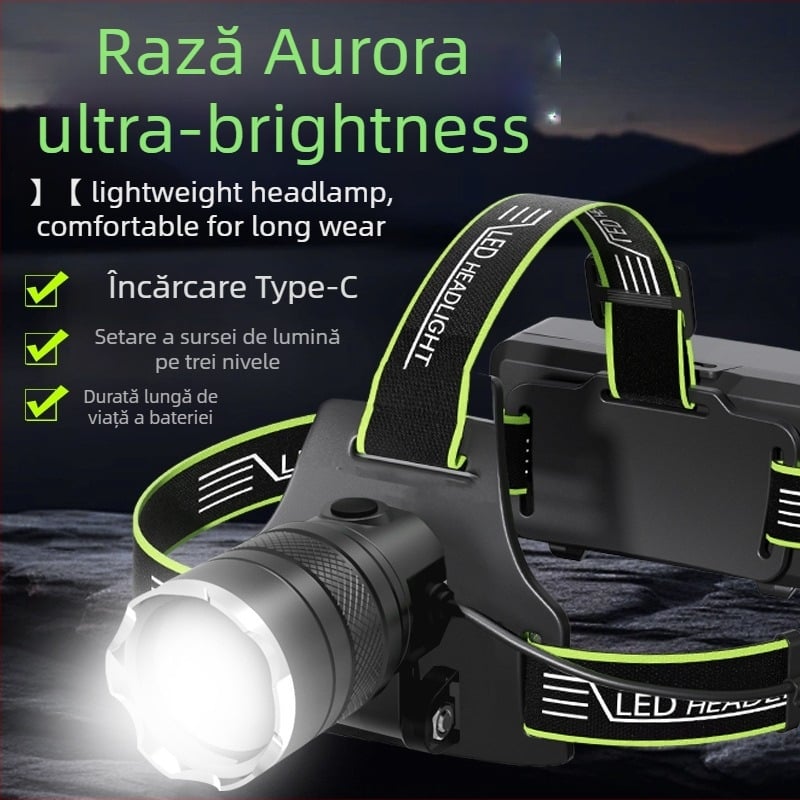 Field Path Lanterna frontală LED din aliaj de aluminiu cu focalizare reglabilă, reîncărcabilă, 10W, 2400mAh, montată pe cap, rază 200–500 m