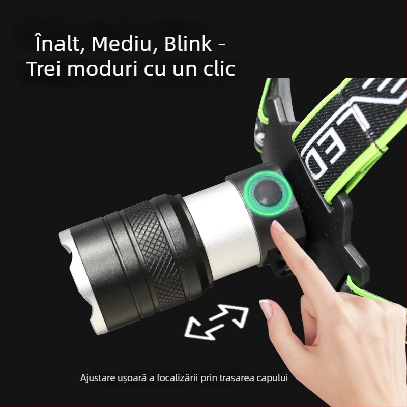 Field Path Lanterna frontală LED din aliaj de aluminiu cu focalizare reglabilă, reîncărcabilă, 10W, 2400mAh, montată pe cap, rază 200–500 m