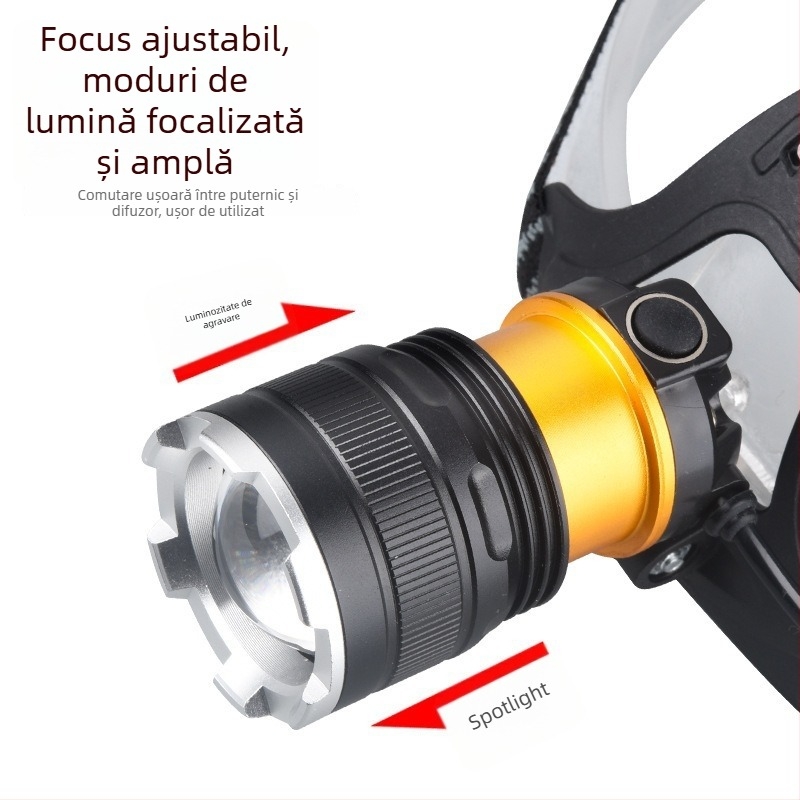Frontala de cap LED cu încărcare USB, focalizare reglabilă, impermeabilă, rază de până la 500 m