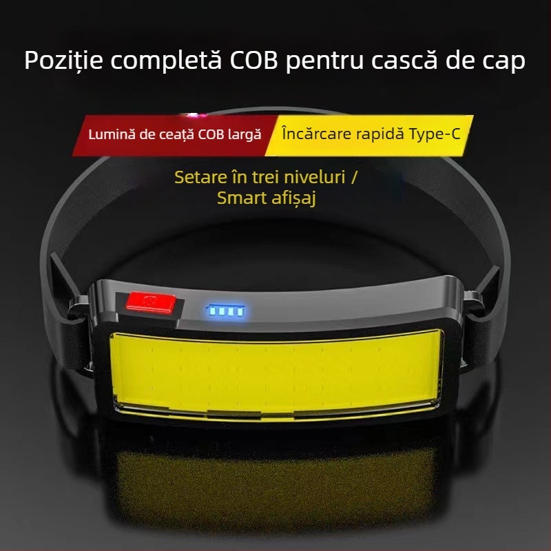 Lampa frontală COB LED, USB reîncărcabilă, impermeabilă; raza fasciculului 50–300 m, greutate 0,1 kg
