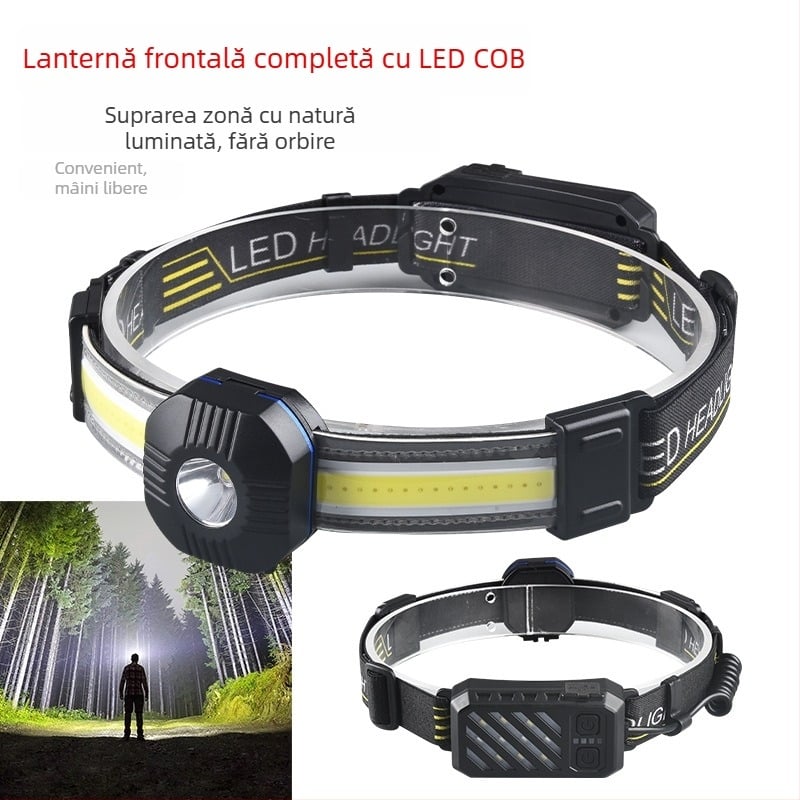 Lanteră frontală LED reîncărcabilă pentru camping și drumeții — 10W, baterie 1200mAh, încărcare USB-C, rază 100–200 m, carcasă ABS