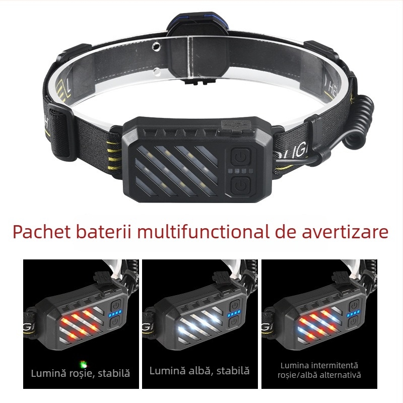 Lanteră frontală LED reîncărcabilă pentru camping și drumeții — 10W, baterie 1200mAh, încărcare USB-C, rază 100–200 m, carcasă ABS