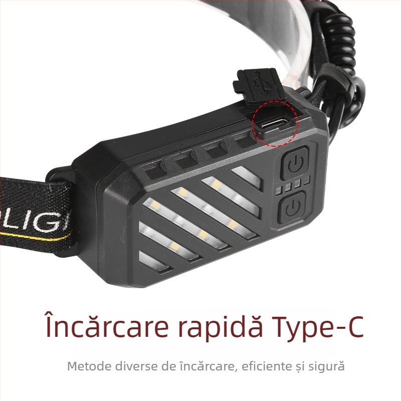 Lanteră frontală LED reîncărcabilă pentru camping și drumeții — 10W, baterie 1200mAh, încărcare USB-C, rază 100–200 m, carcasă ABS