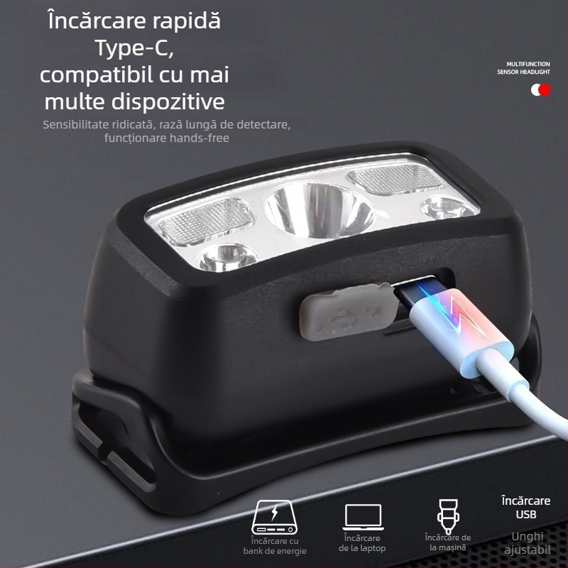 Frontala cu LED, reîncărcabilă, corp ABS, rază 200–500 m, imprimare cu logo disponibilă