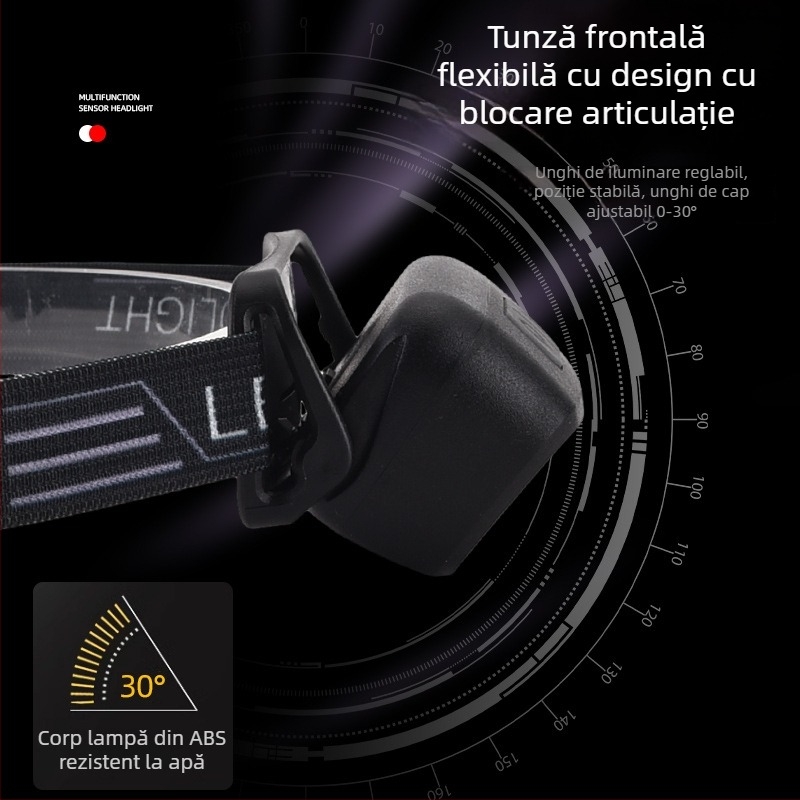 Frontala cu LED, reîncărcabilă, corp ABS, rază 200–500 m, imprimare cu logo disponibilă