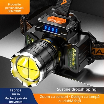 Lampa frontală LED de înaltă putere, reîncărcabilă, cu zoom pentru pescuit în aer liber, 10W LED, baterie 6000mAh, rază 200–500 m, rotație 360°