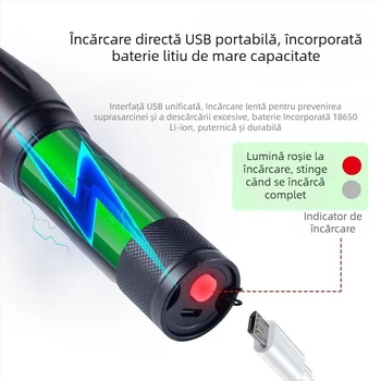 Lanternă de mână - LED 10W, 2400 mAh, viața LED 100000 ore, celulă 18650, carcasă din aliaj de aluminiu
