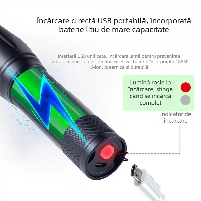 Lanternă de mână - LED 10W, 2400 mAh, viața LED 100000 ore, celulă 18650, carcasă din aliaj de aluminiu