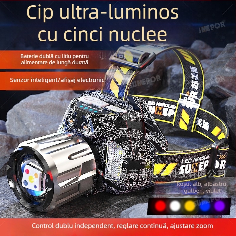 Lampa frontală cu UV pentru vânătoarea de scorpioni, LED-uri colorate (galben, alb, albastru, roșu), lumină roșie pentru pescuit, repelent împotriva țânțarilor, senzor de iluminare