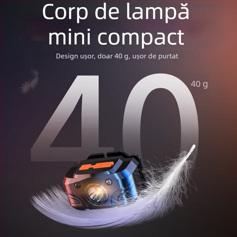 Lampa frontală LED pentru pescuit nocturn, reîncărcabilă, rază de 200 m, impermeabilă, autonomie 2-6 h, greutate 40 g