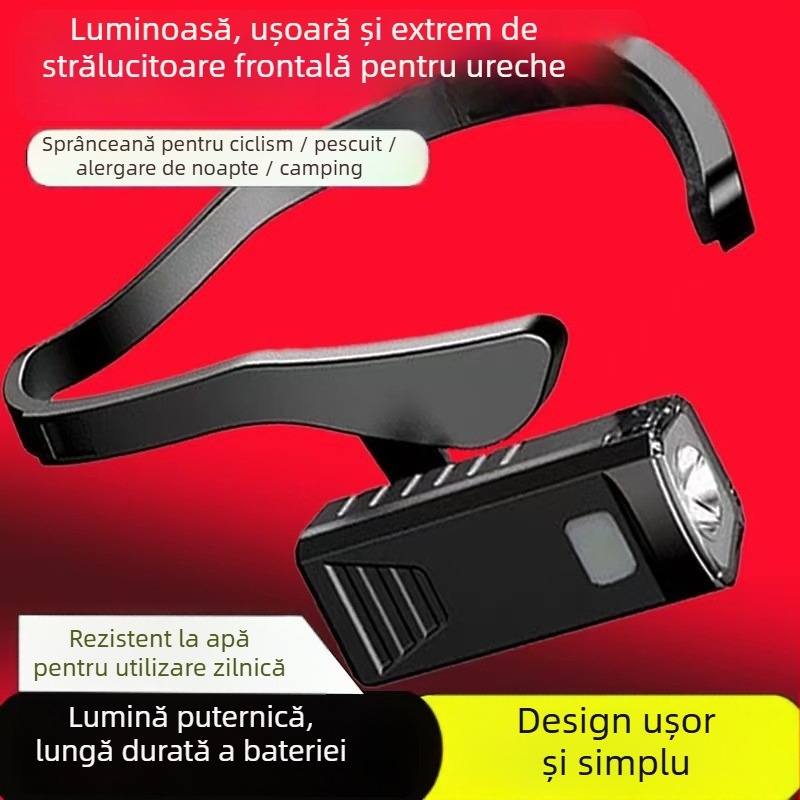 Lampa LED cu cârlig pentru ureche, încărcare Type-C, iluminare puternică pentru muncă și pescuit, montaj lateral pentru alergare, 10W, 500 mAh, rază 200–500 m