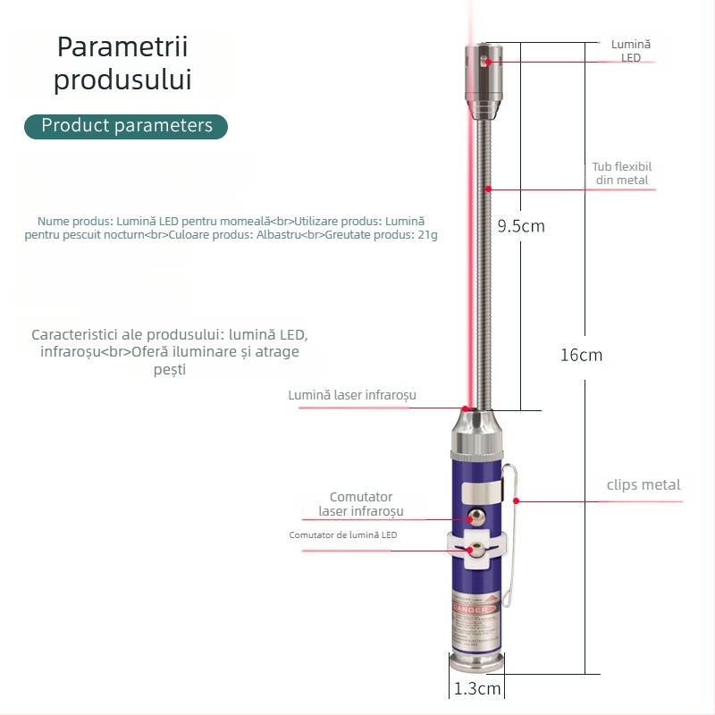 Lampa LED pentru pescuit de noapte cu corp din aliaj de aluminiu, alimentare cu baterie, magnet, rază de până la 50 m