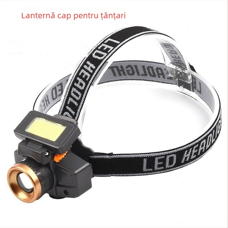 Lanternă frontală LED cu baterie 1200 mAh, 4,2V, sursă de lumină: bec + LED, rotație 360°, generare de energie prin apăsare manuală
