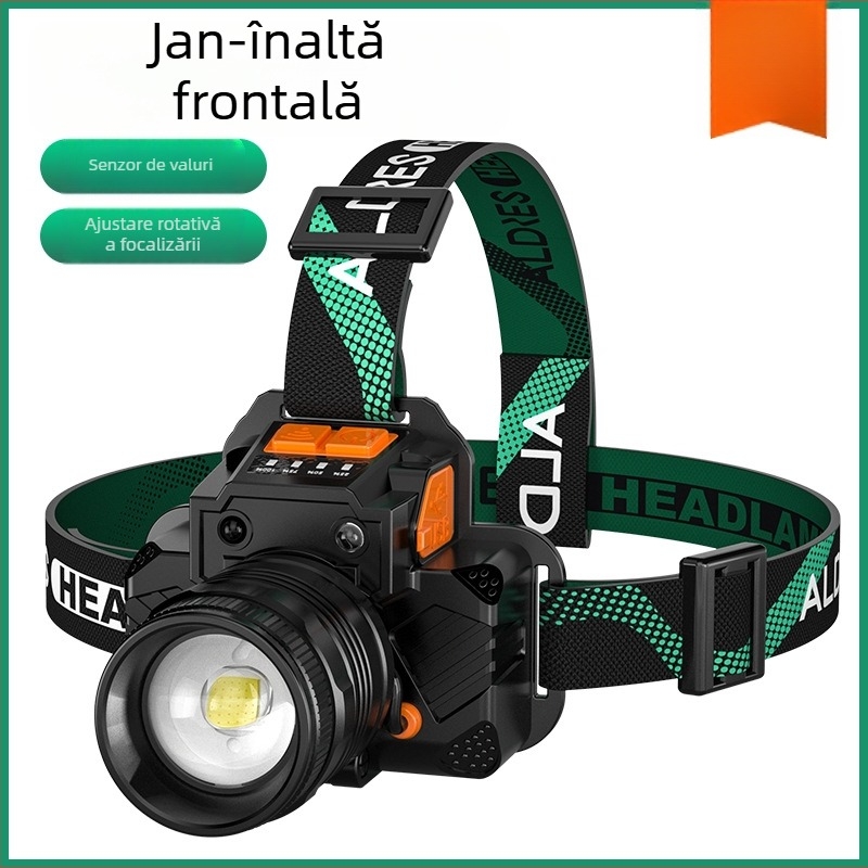 Lampa frontală de exterior pentru drumeții și pescuit nocturn: LED 10W, baterie reîncărcabilă 1200 mAh, rază 200-500 m, rotație 360°, senzor, indicator baterie, funcție power bank
