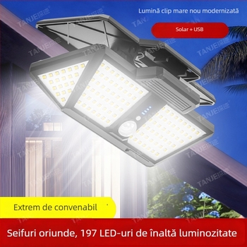 Lumină LED solară pentru exterior, cu clips, telecomandă, senzor de mișcare, rotație de 360°, 25W