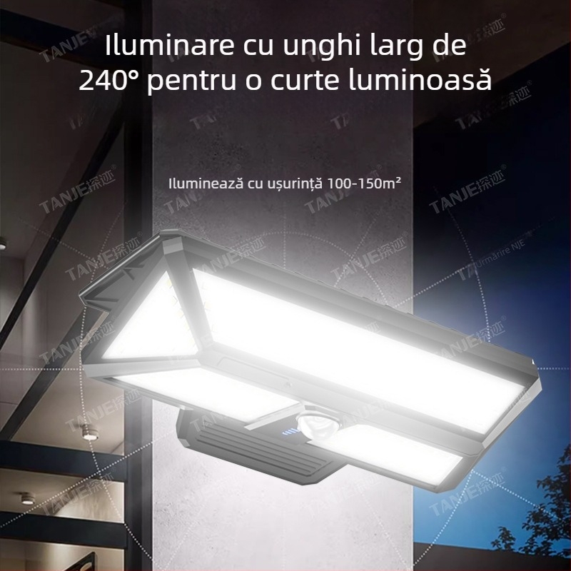 Lumină LED solară pentru exterior, cu clips, telecomandă, senzor de mișcare, rotație de 360°, 25W