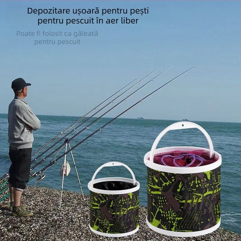 Găleată pliabilă pentru pescuit, cu plasă anti săritură, din canvas, pentru exterior