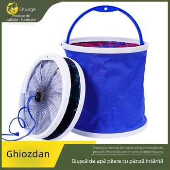 Găleată pentru pești vii din ABS cu capac plasă și frânghie, pliabilă, rotundă, portabilă