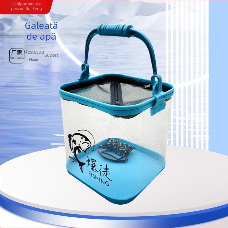 Găleată transparentă pentru pește viu din EVA, pentru pescuit cu năluci în râuri, cu pompă de oxigen pentru agățare
