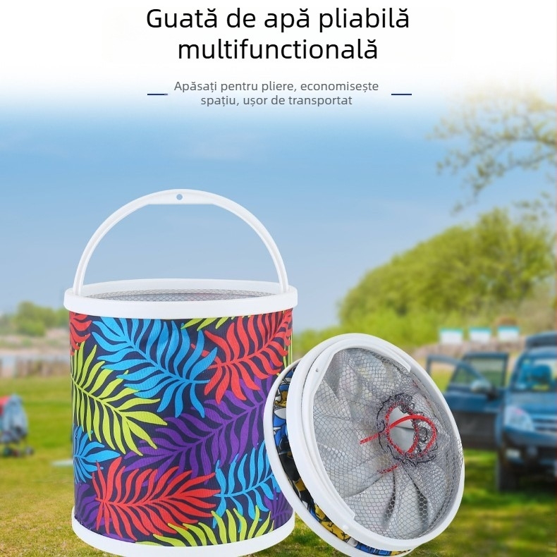 Găleată pliabilă pentru pescuit, cu funie și plasă anti-evadare