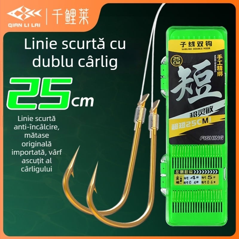 Qianli linie scurtă de 25 cm cu două cârlige, deja legate, cu manșete aurii și roșii