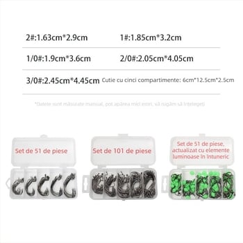 Set de 51 de cârlige Texas pentru pescuit, cu cârlige crank, cârlige pentru momeli moi, mărgele luminoase, nichel negru, în cutie