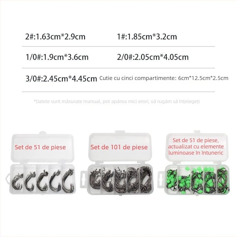 Set de 51 de cârlige Texas pentru pescuit, cu cârlige crank, cârlige pentru momeli moi, mărgele luminoase, nichel negru, în cutie