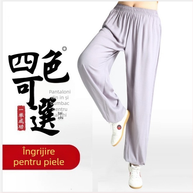 Pantaloni lantern unisex pentru alergare și Tai Chi, ușori, amestec viscose-cotton-silk, 99% viscose, culoare solidă, căptușeală bumbac-silă