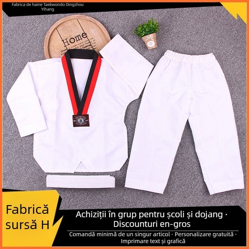Uniformă de antrenament Taekwondo – amestec bumbac-poliester, dungi, mâneci lungi și scurte, pentru copii și adulți