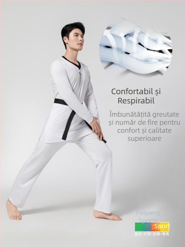 Costum de competiție taekwondo – elasticitate ridicată, Model: Broken Flowers, Logo personalizat, 82% poliester / 18% elastan
