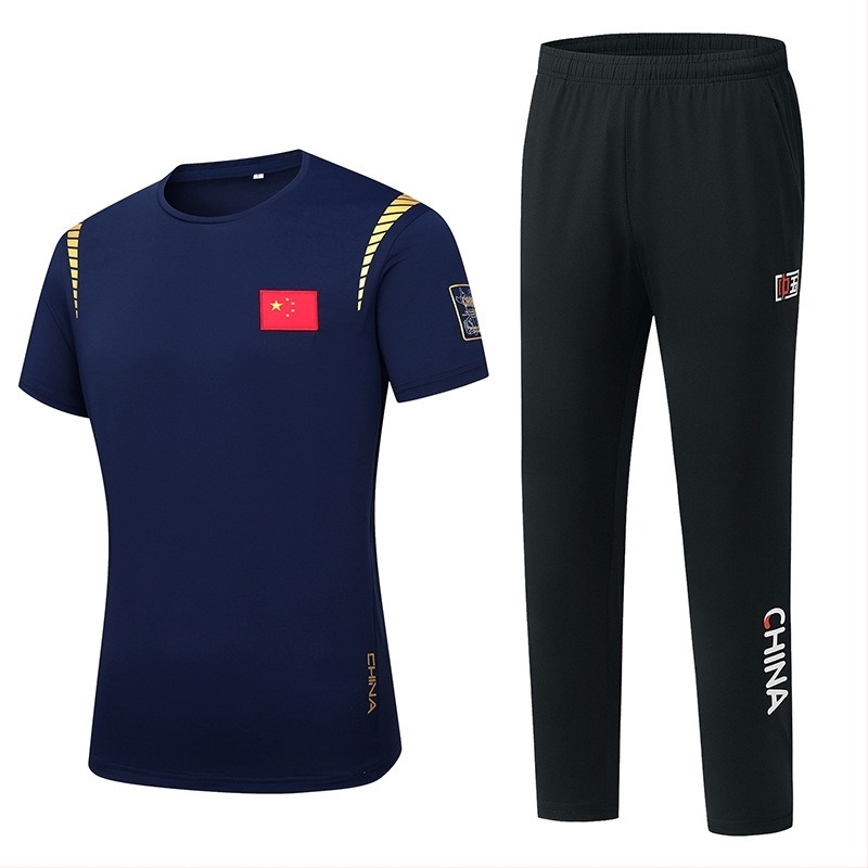 Costum sport de vară: tricou cu mânecă scurtă și pantaloni lungi, guler rotund, poliester 95%, unisex adulți