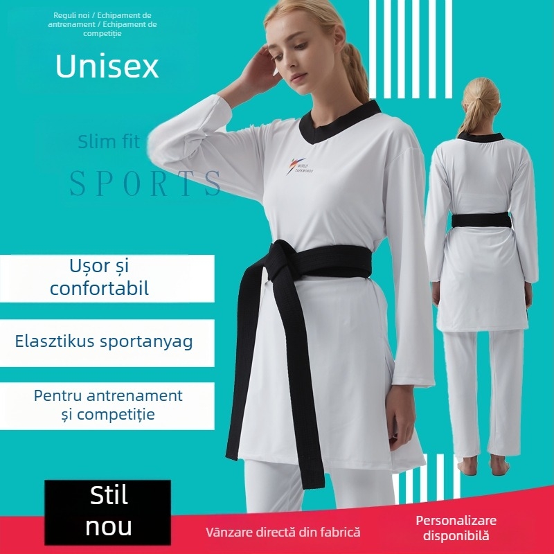 Uniformă Taekwondo cu exterior din nylon și 55% poliester, căptușeală modal 100%.