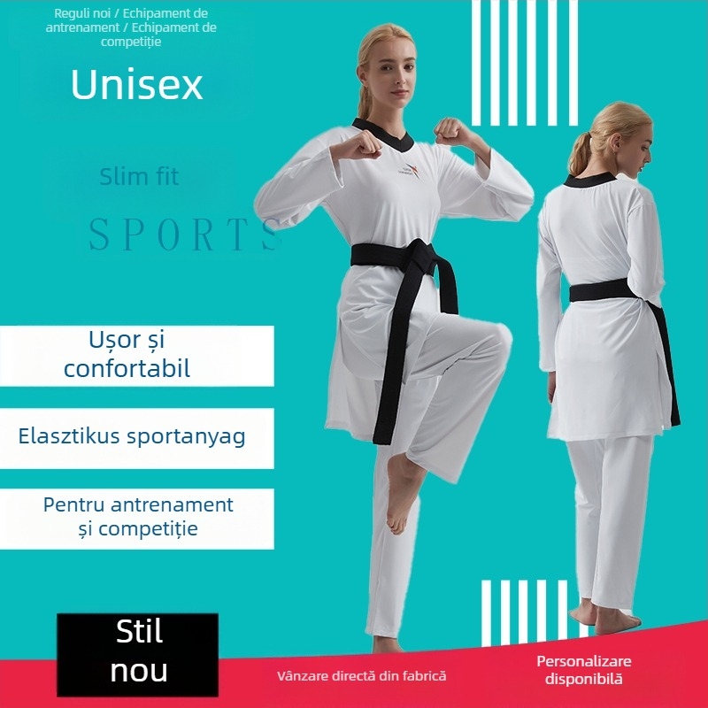 Uniformă Taekwondo cu exterior din nylon și 55% poliester, căptușeală modal 100%.