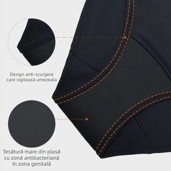 Slips de baie menstrual cu protecție anti-scurgere în trei straturi, talie medie, material nylon 88%, căptușeală de poliester 100% în zona inghinală; pantaloni fiziologici pentru tinere femei