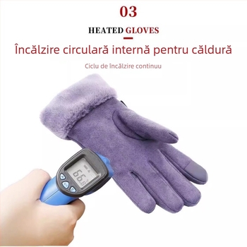 Mănuși încălzite USB din velur suede pentru ciclism, cu ecran tactil și control inteligent al temperaturii