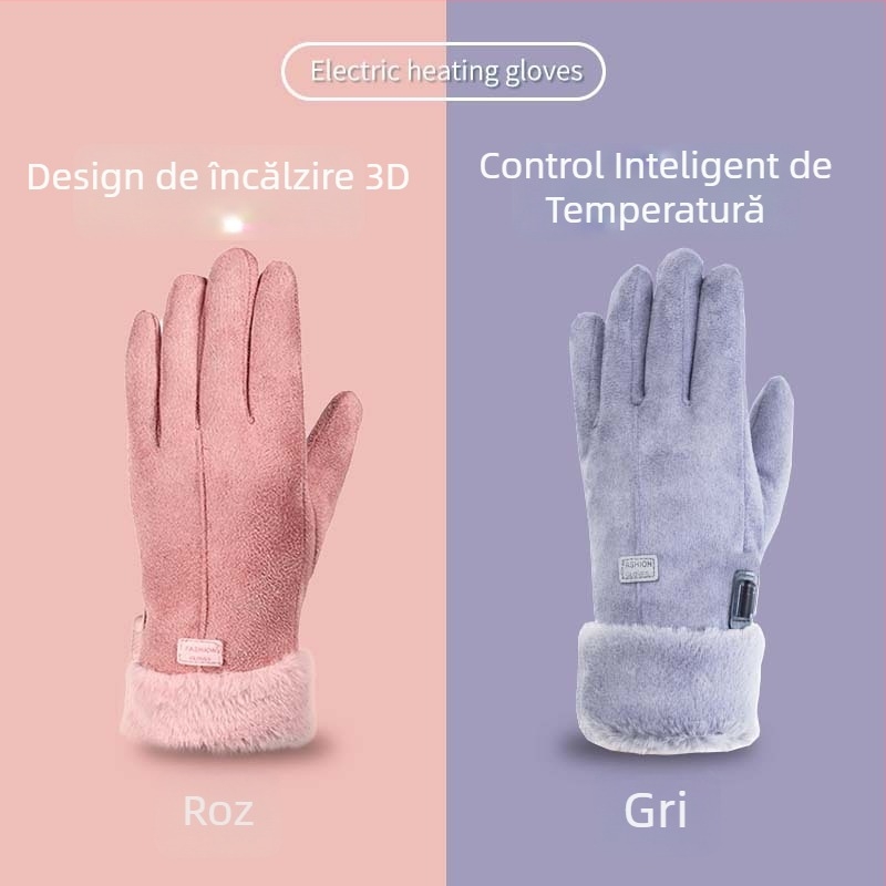 Mănuși încălzite USB din velur suede pentru ciclism, cu ecran tactil și control inteligent al temperaturii