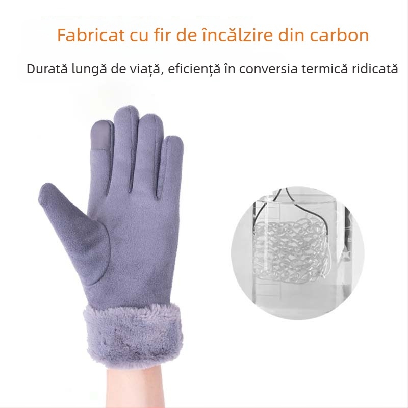 Mănuși încălzite USB din velur suede pentru ciclism, cu ecran tactil și control inteligent al temperaturii