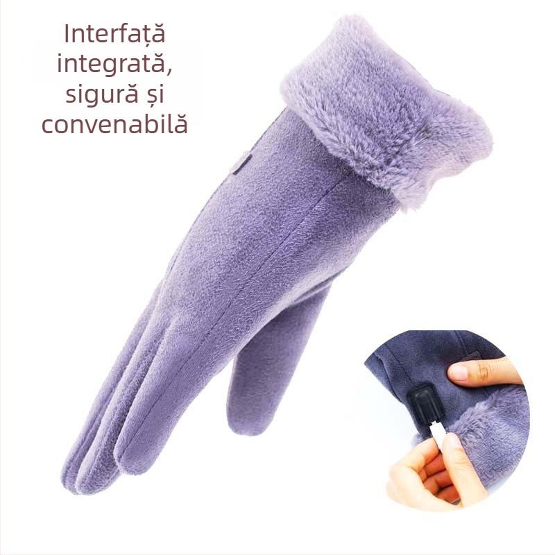 Mănuși încălzite USB din velur suede pentru ciclism, cu ecran tactil și control inteligent al temperaturii