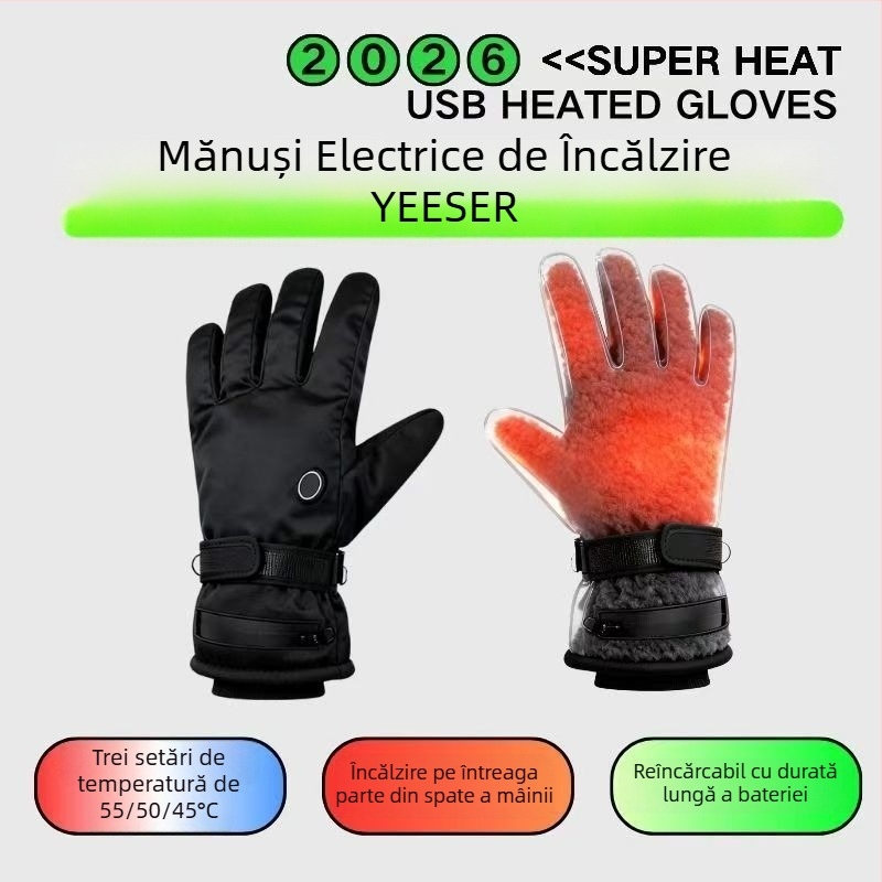 Mănuși din piele încălzite pentru ciclism și schi — alimentare USB, unisex, adulți