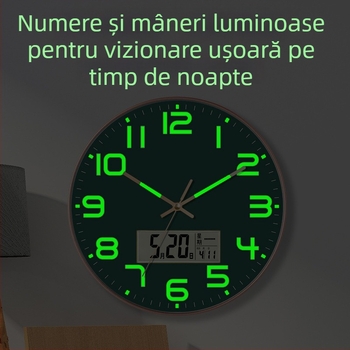 Ceas de perete luminos cu calendar perpetuu, afișaj săptămână și lună, termometru, mișcare cu sweep de secunde TS-01