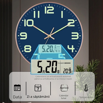 Ceas de perete luminos cu calendar perpetuu, afișaj săptămână și lună, termometru, mișcare cu sweep de secunde TS-01