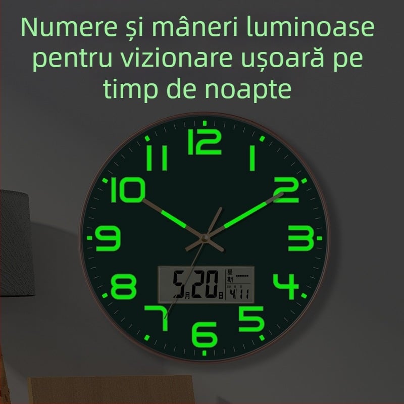 Ceas de perete luminos cu calendar perpetuu, afișaj săptămână și lună, termometru, mișcare cu sweep de secunde TS-01