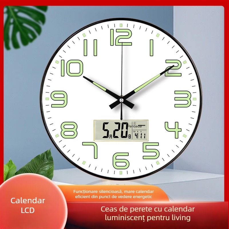 Ceas de perete luminos cu calendar perpetuu, afișaj săptămână și lună, termometru, mișcare cu sweep de secunde TS-01