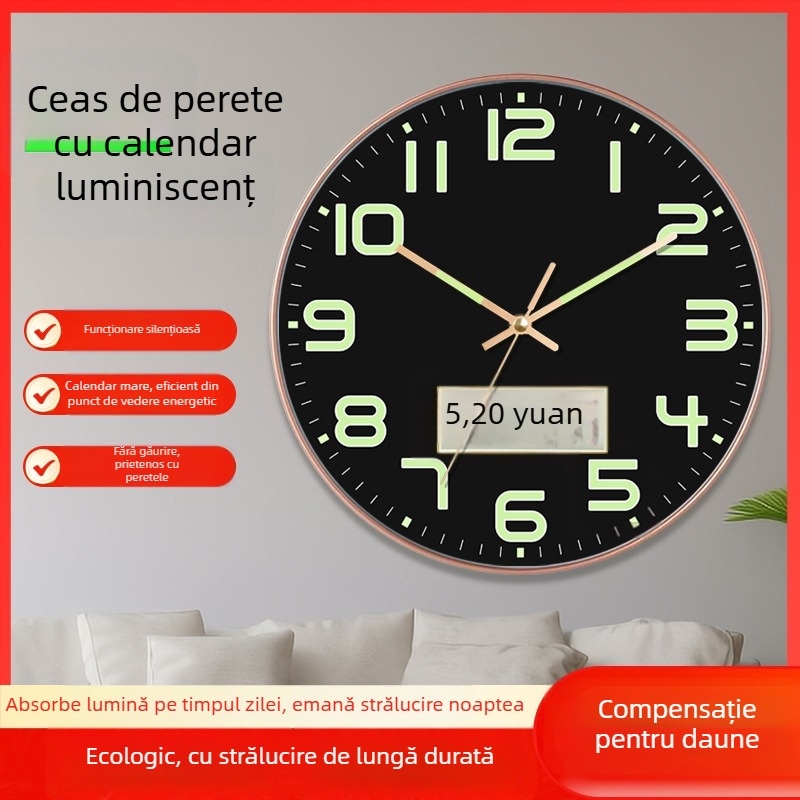 Ceas de perete luminos cu calendar perpetuu, afișaj săptămână și lună, termometru, mișcare cu sweep de secunde TS-01