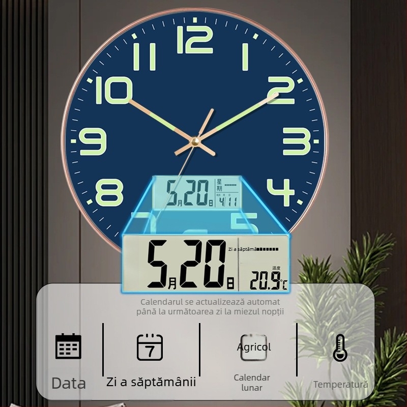 Ceas de perete luminos cu calendar perpetuu, afișaj săptămână și lună, termometru, mișcare cu sweep de secunde TS-01