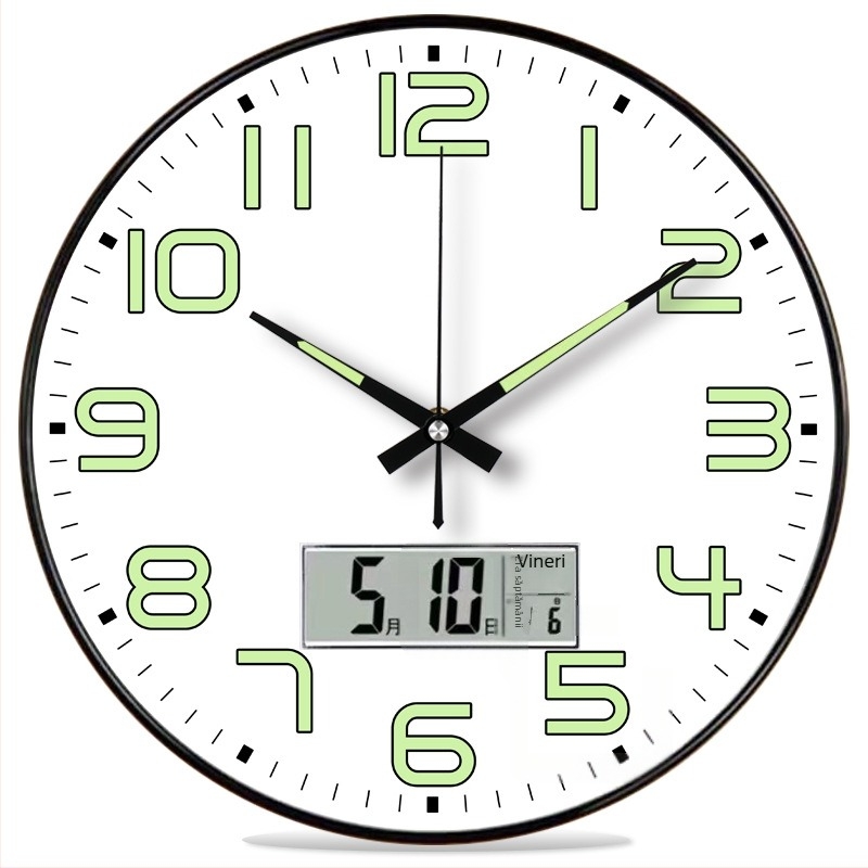 Ceas de perete luminos cu calendar perpetuu, afișaj săptămână și lună, termometru, mișcare cu sweep de secunde TS-01