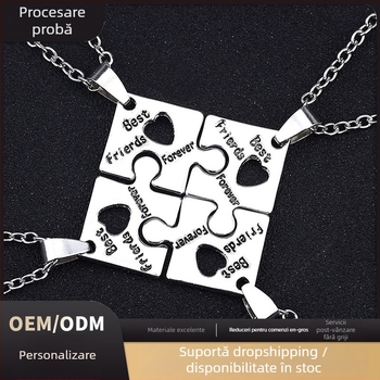 Colier: puzzle geometric patru piese pentru prietene, pandantiv cu pietre de zirconiu, din aliaj de zinc, placare electroplatinată, lanț standard, unisex