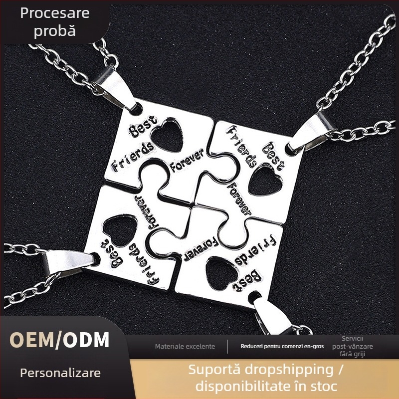 Colier: puzzle geometric patru piese pentru prietene, pandantiv cu pietre de zirconiu, din aliaj de zinc, placare electroplatinată, lanț standard, unisex