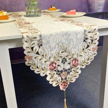 Runner de masă brodat în stil pastoral, imprimeu floral, 90% poliester, fir broderie din mătase, personalizabil, pentru living, dormitor, birou, restaurant