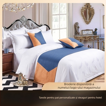 Runner de pat cu logo brodat, stil lux ușor, personalizabil, imprimare logo, model monocrom